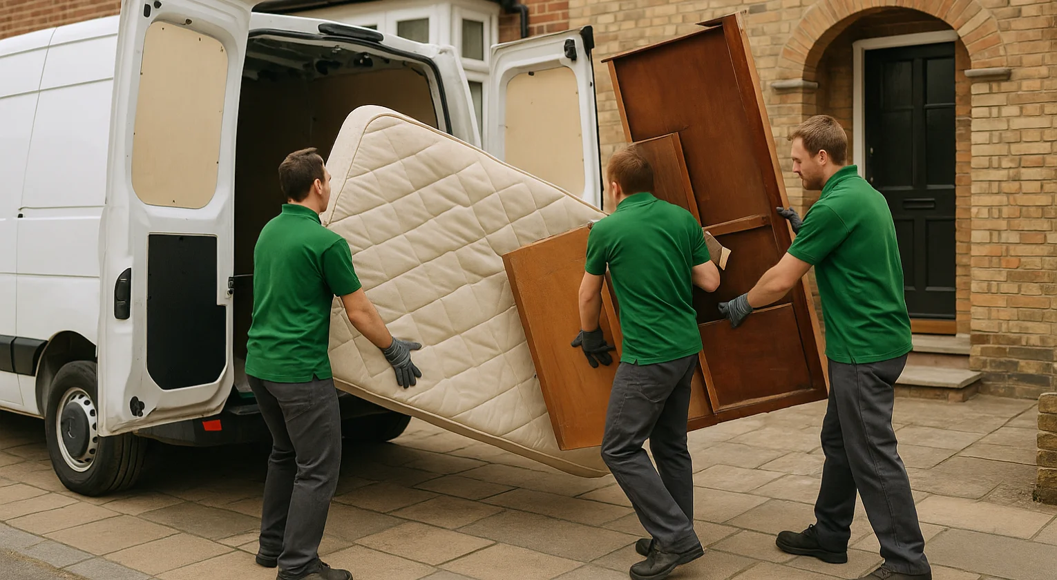 Bulky furniture and mattresses being loaded into a van