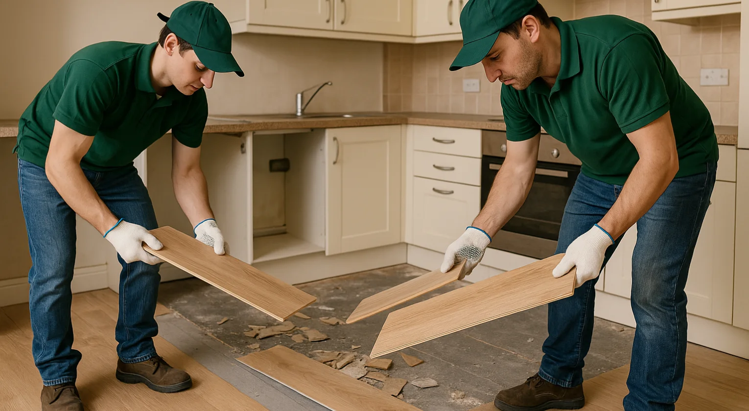 Wooden flooring being lifted and removed from a kitchen area