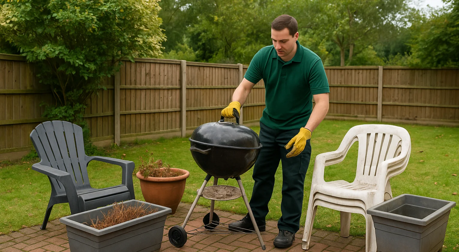 Old garden furniture, barbecues and planters being cleared from a patio
