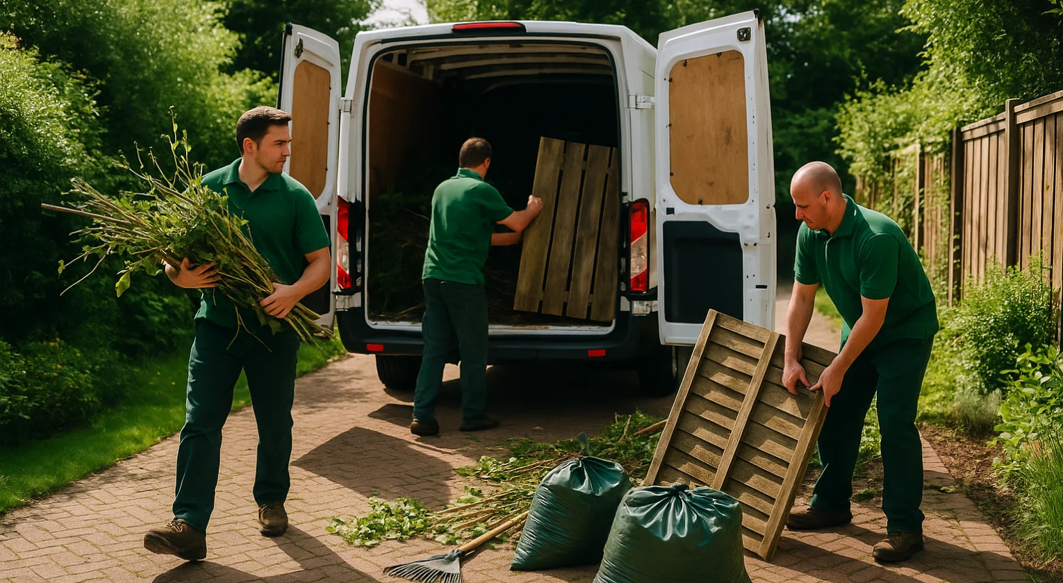 Garden waste such as branches, soil, and fencing being cleared