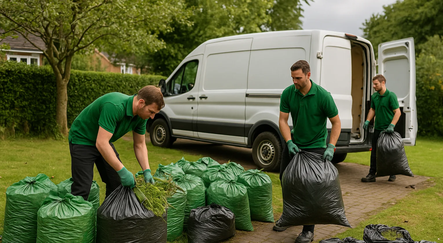 Green waste clearances: bags of grass, leaves and branches ready for collection