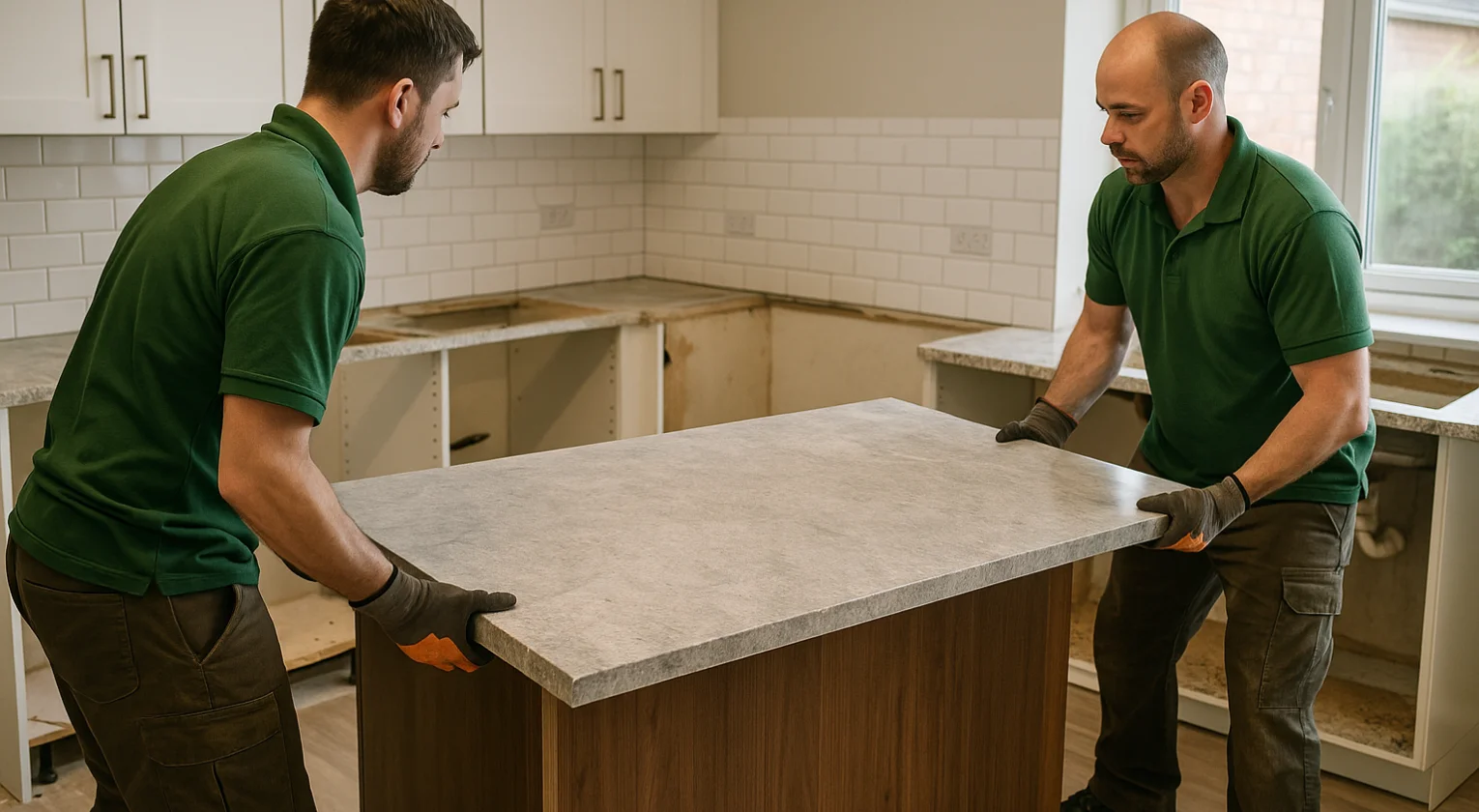 Kitchen island being dismantled and loaded for disposal
