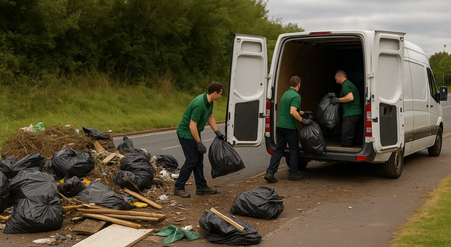 Crew performing same‑day emergency clearance of fly‑tipped waste