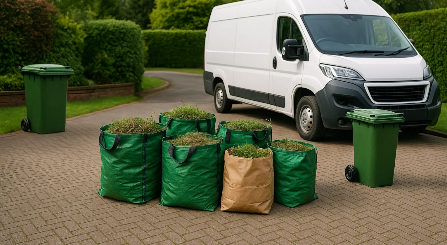 Regular garden waste pickups with bins and green waste bags on a driveway