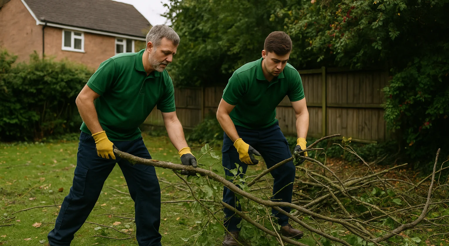 Fallen branches and storm debris being cleared from a garden
